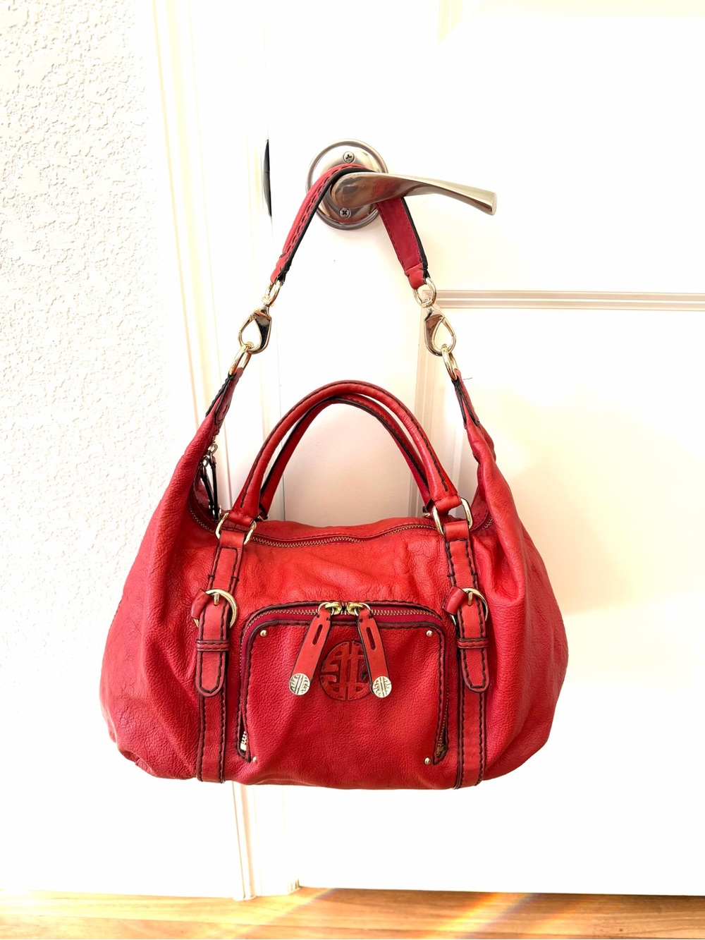 Antoni Melani Red and Gold Hobo Slouchy Shoulder Bag. Bold. Classic. Satchel.